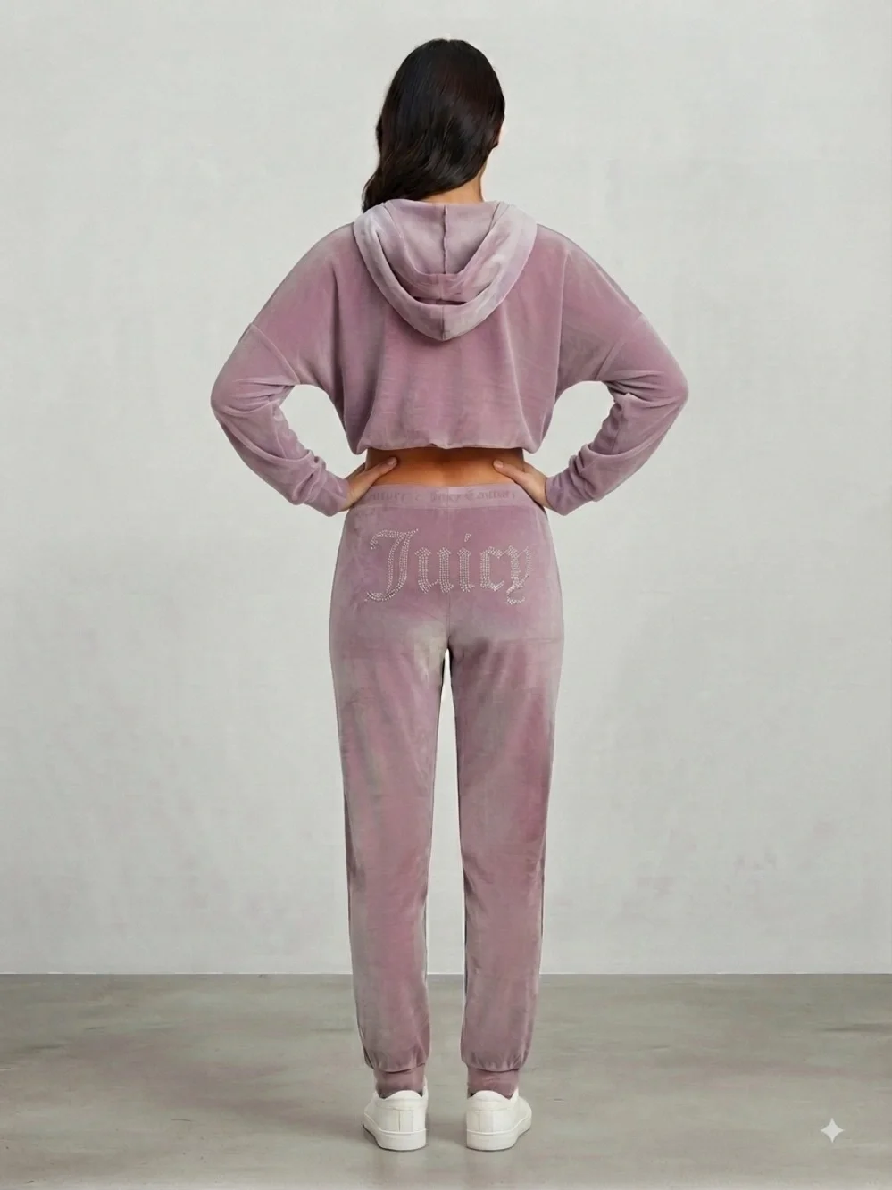 Juicy Couture Velour Crop Hoodie Pants Set Womens L Mauve Y2K Athleisure Sparkle